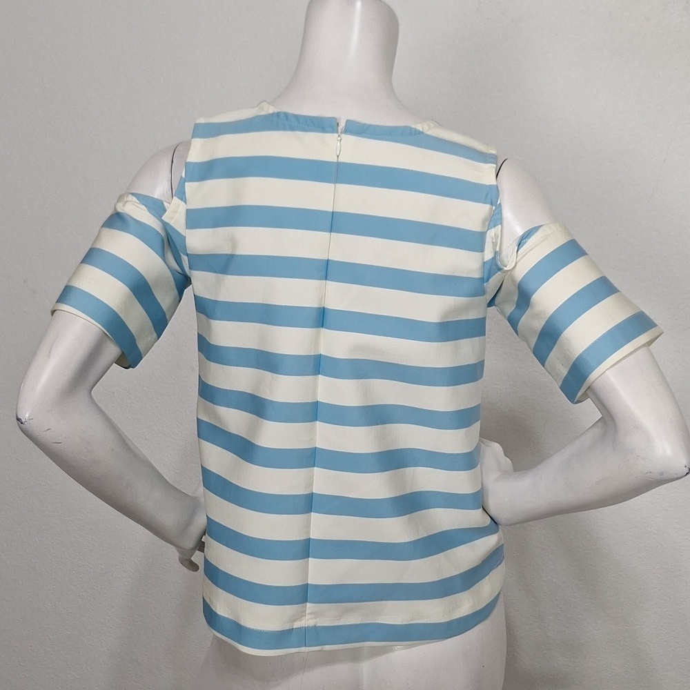 Tanya Taylor Preppy Blue & White Stripe Cold Shoulder Blouse Made in USA Size 6 - Picture 6 of 13